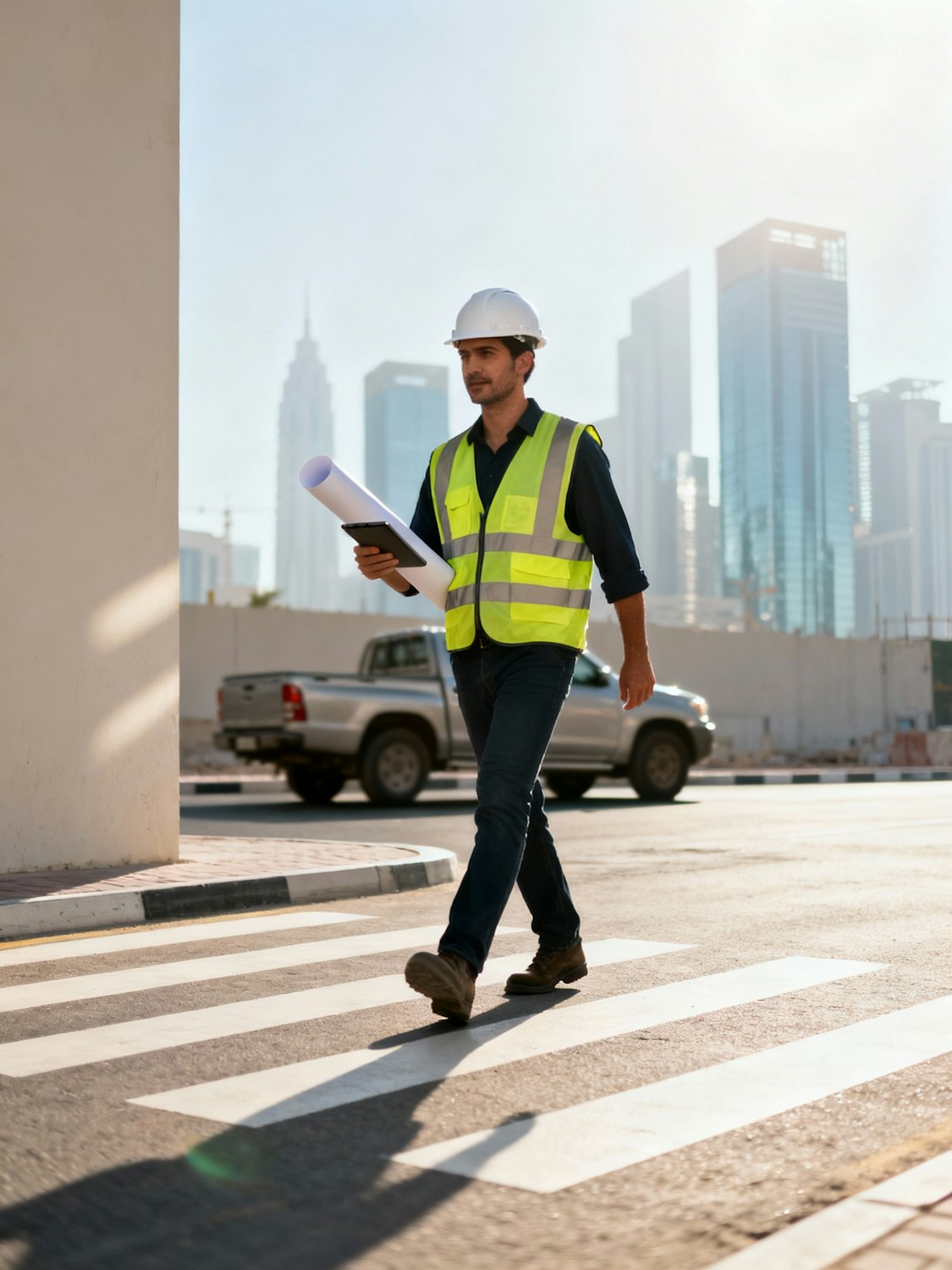 Construction professional carrying blueprints and a tablet in a city