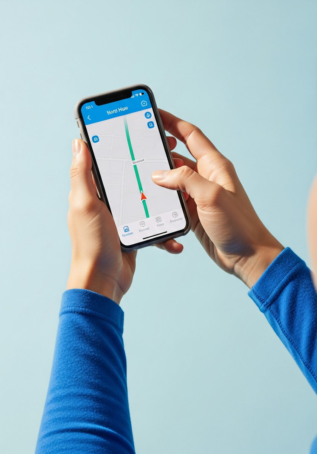 Person holding a smartphone showing a navigation map app