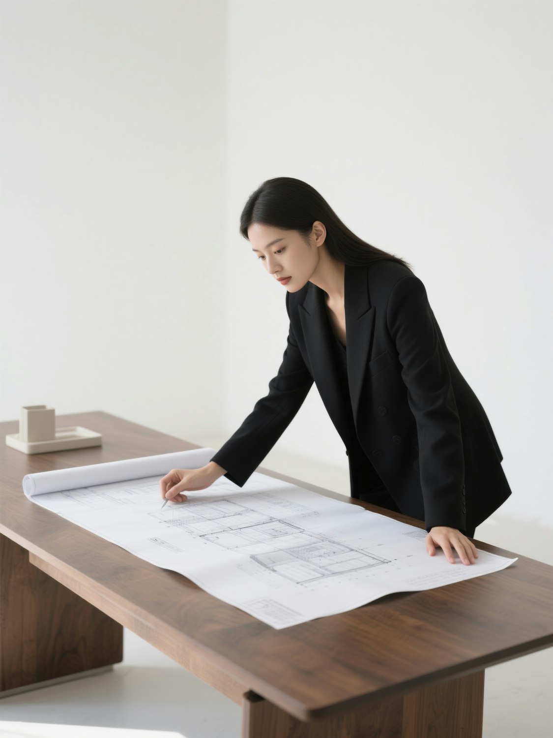 Professional reviewing architectural drawings at a workbench