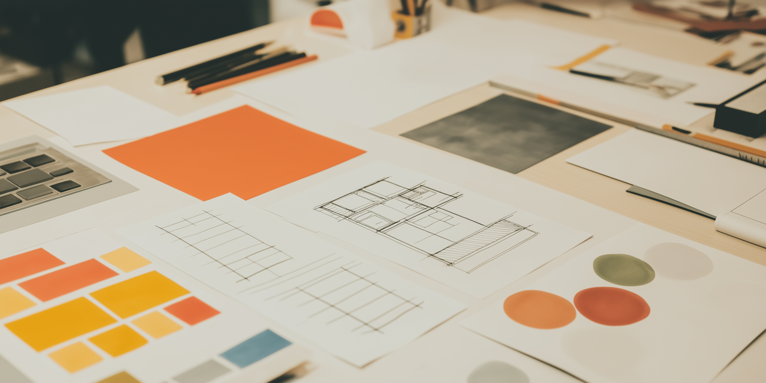 Designer desk with architectural sketches and colour swatches
