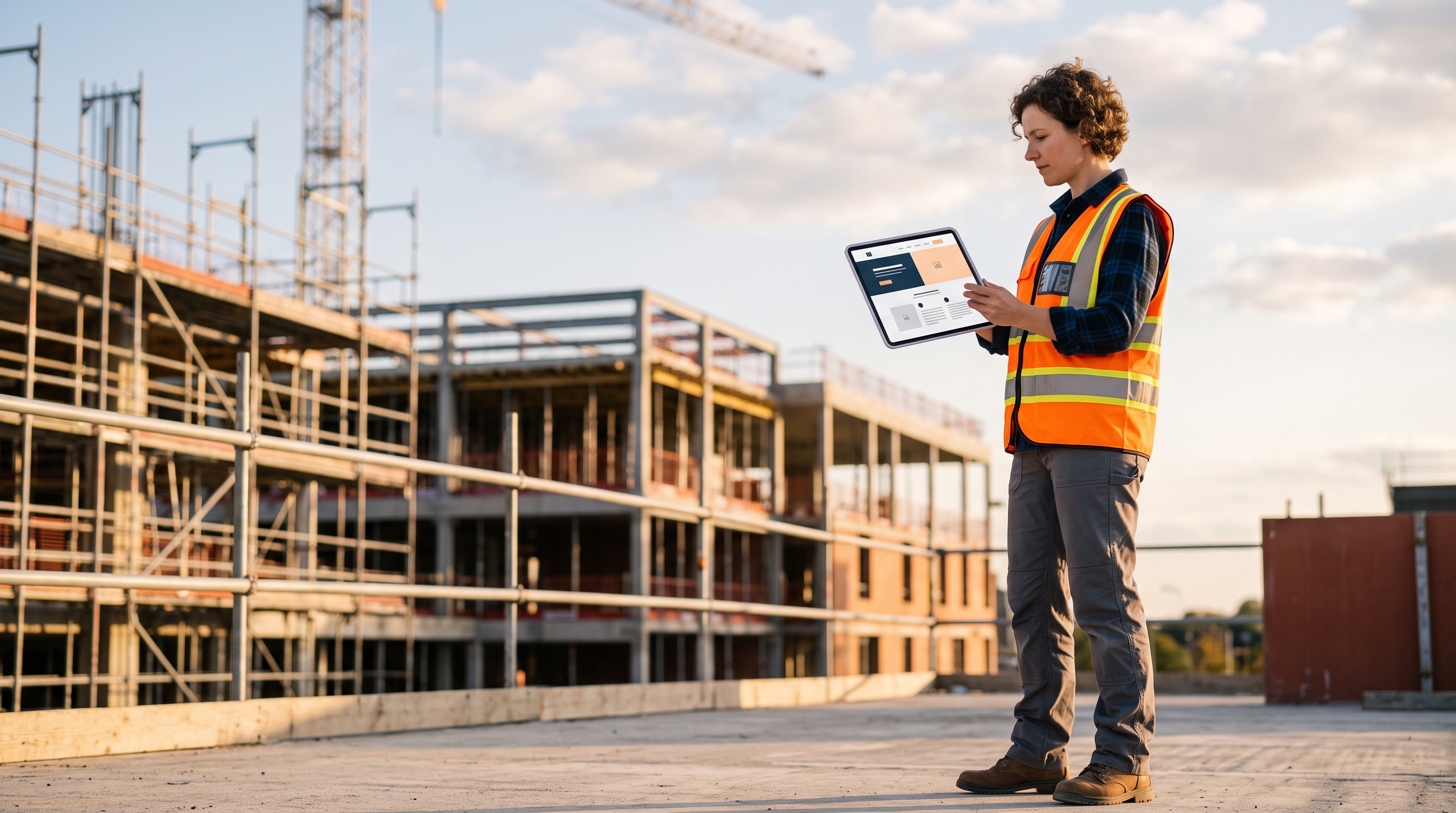A construction site manager in a hi-vis vest holds a tablet showing a website homepage mockup on an active building site