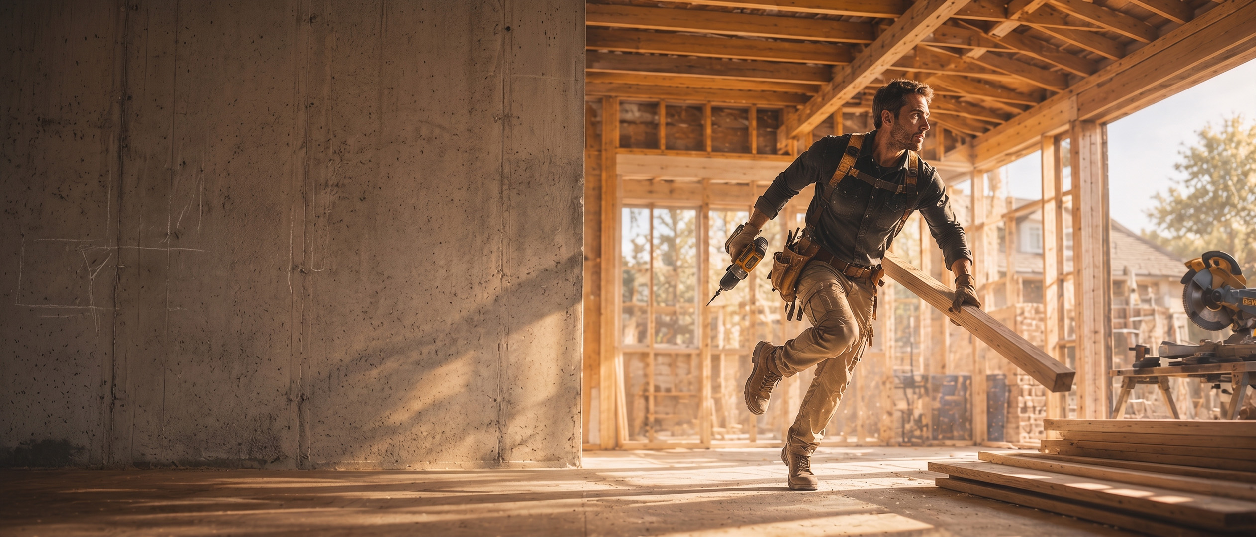 Builder working on a single-storey home extension