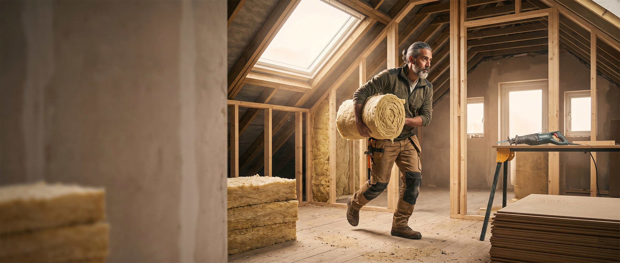 Tradesperson framing a loft conversion under a pitched roof